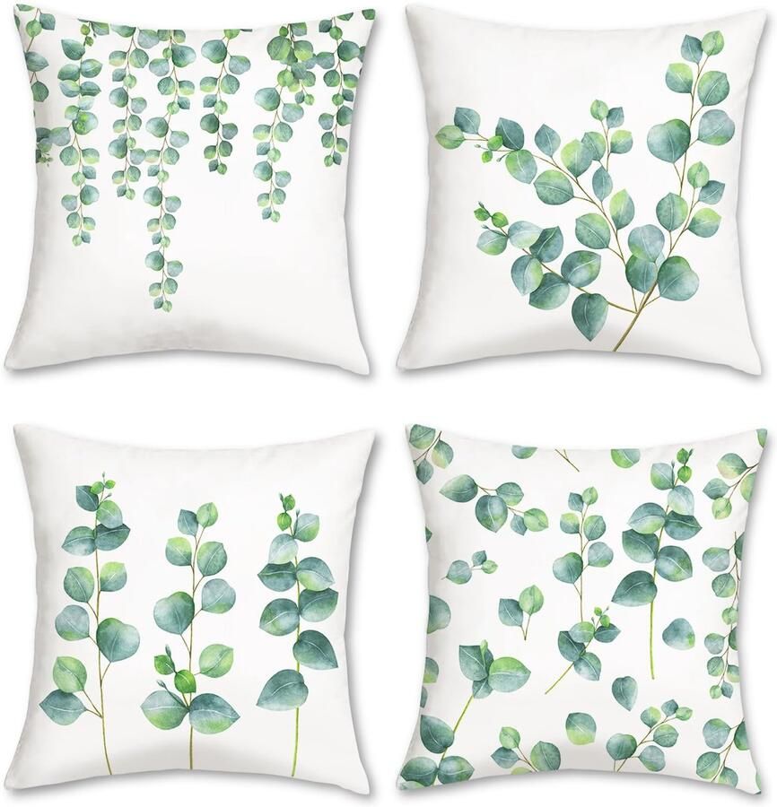 Ibenzoa Set van 4 decoratieve kussenslopen met eucalyptus print voor bank en woondecoratie