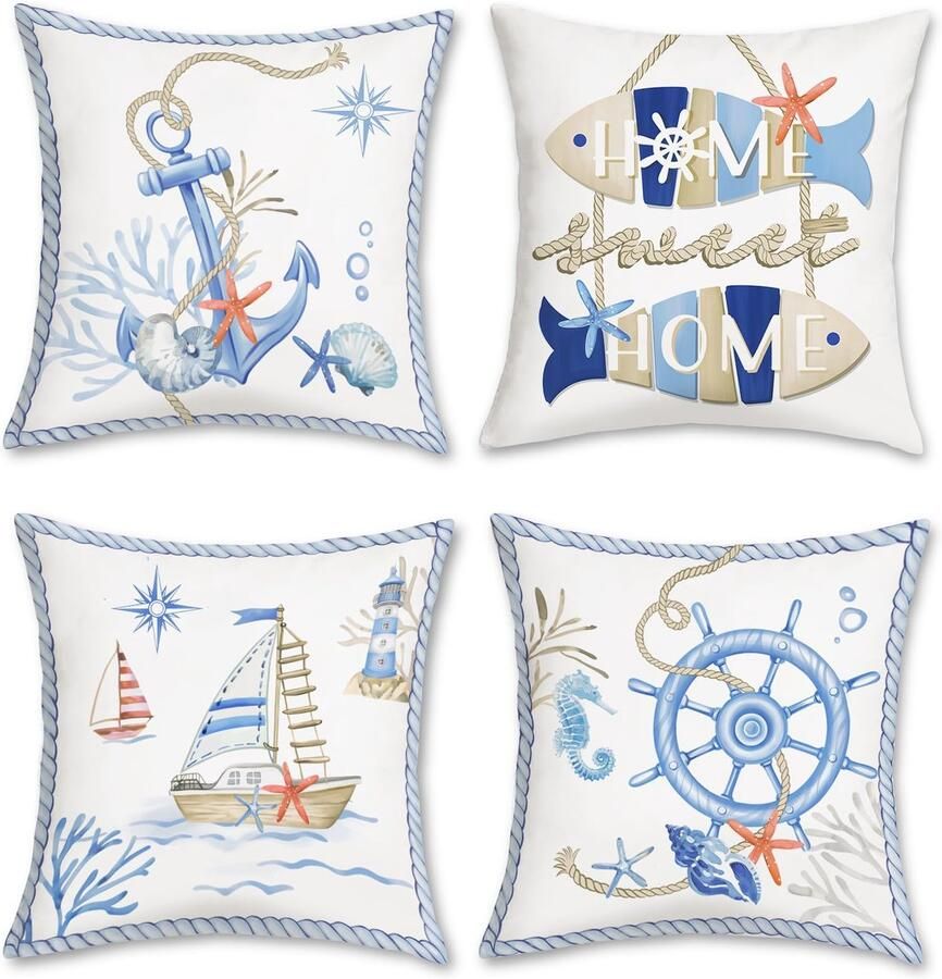 Ibenzoa Set van 4 Decoratieve Kussenslopen met Nautisch Thema voor Woonkamer en Bank
