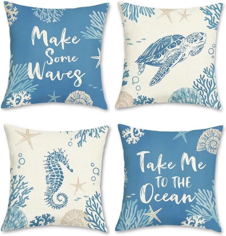 Ibenzoa Set van 4 Decoratieve Kussenslopen met Oceaanthema voor Woonkamer en Bank 45 x 45 cm