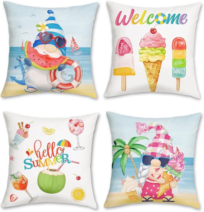 Ibenzoa Set van 4 decoratieve kussenslopen met zomerse GNOME print voor woonkamer bank en woondecoratie