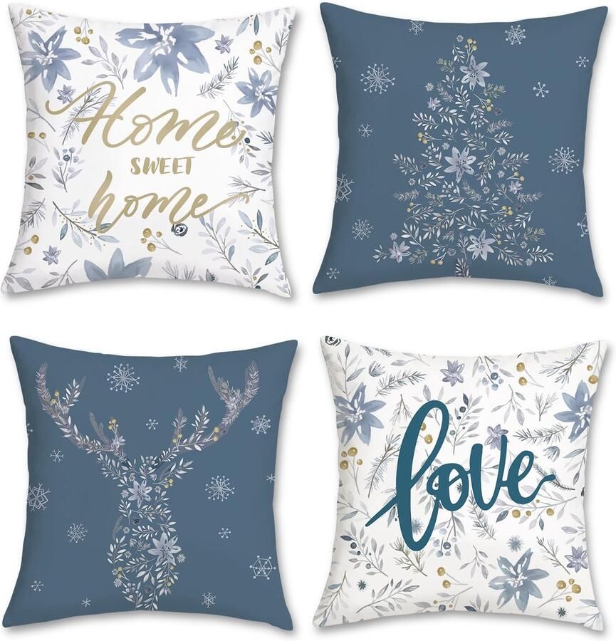 Ibenzoa Set van 4 decoratieve kussenslopen voor winterdecoratie met bloemen en bladeren 45 x 45 cm voor bank en slaapkamer