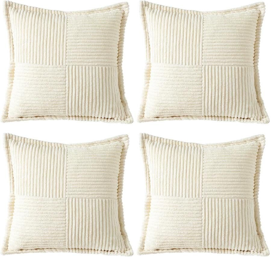 Ibenzoa Set van 4 luxe corduroy sierkussenhoezen voor bank en slaapkamer crèmewit 45 x 45 cm