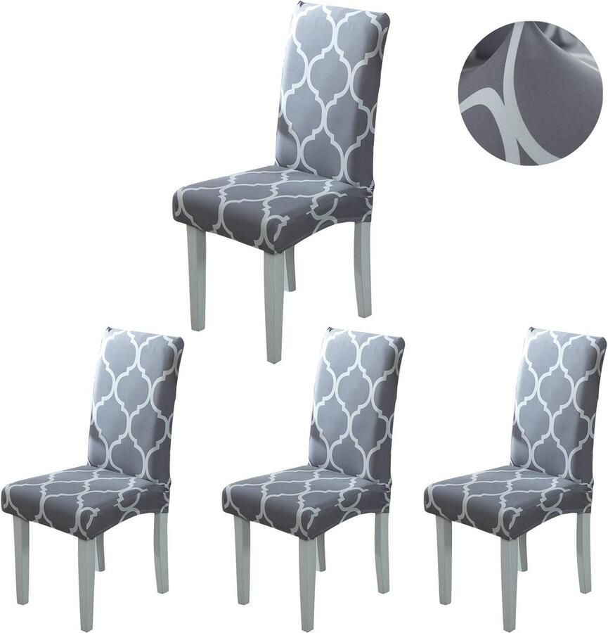 Ibenzoa Set van 4 of 6 Stoelhoezen – Rekbare Stof – Moderne Eetkamerhoezen – Grijs met Diamantpatroon
