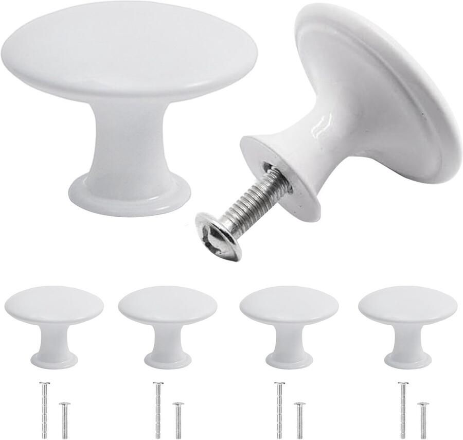 Ibenzoa Set van 4 Witte Ronde Deurknoppen voor Meubels met Schroeven Vintage Stijl 30 mm Diameter