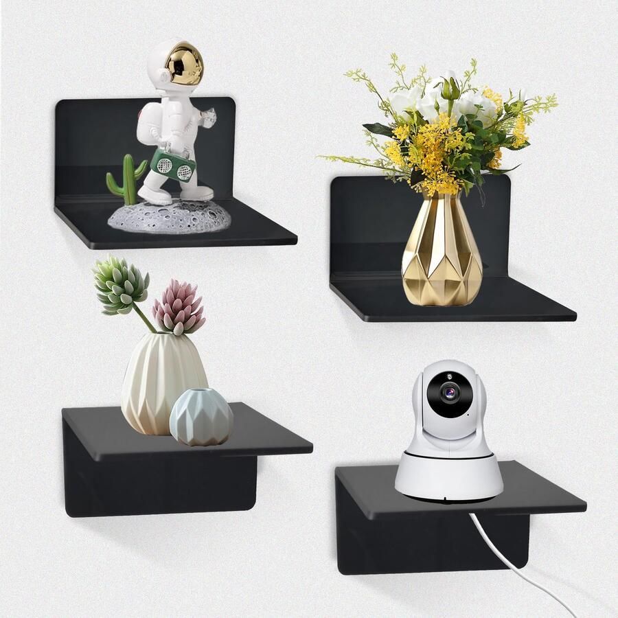 Ibenzoa Set van 4 Zwevende Zwarte Wandplanken Zonder Boren Acrylmateriaal Inclusief Transparante Lijm