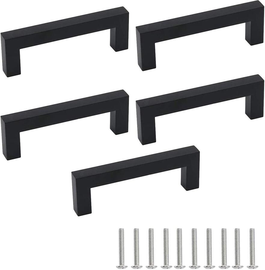 Ibenzoa Set van 5 Moderne Zwarte Deurknoppen van Roestvrij Staal met Schroeven voor Kast en Lade