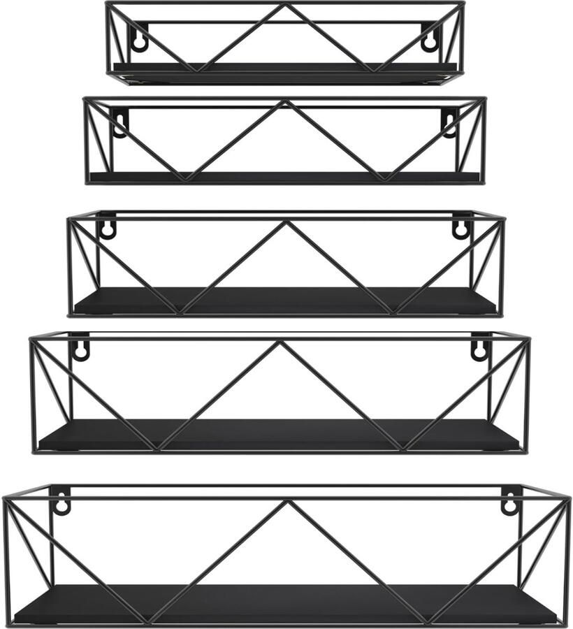 Ibenzoa Set van 5 Zelfmontage Wandplanken Zwart Metaal & Hout