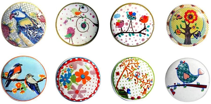 Ibenzoa Set van 8 handgeschilderde keramische knoppen met vogelontwerpen voor meubels