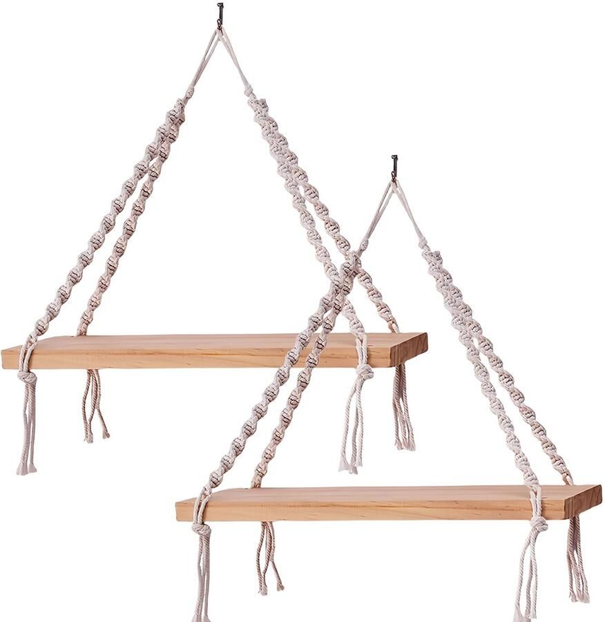 Ibenzoa Set van Twee Boho Wandplanken van Hout Zonder Boren met Handgeweven Macramé voor Ruimtes