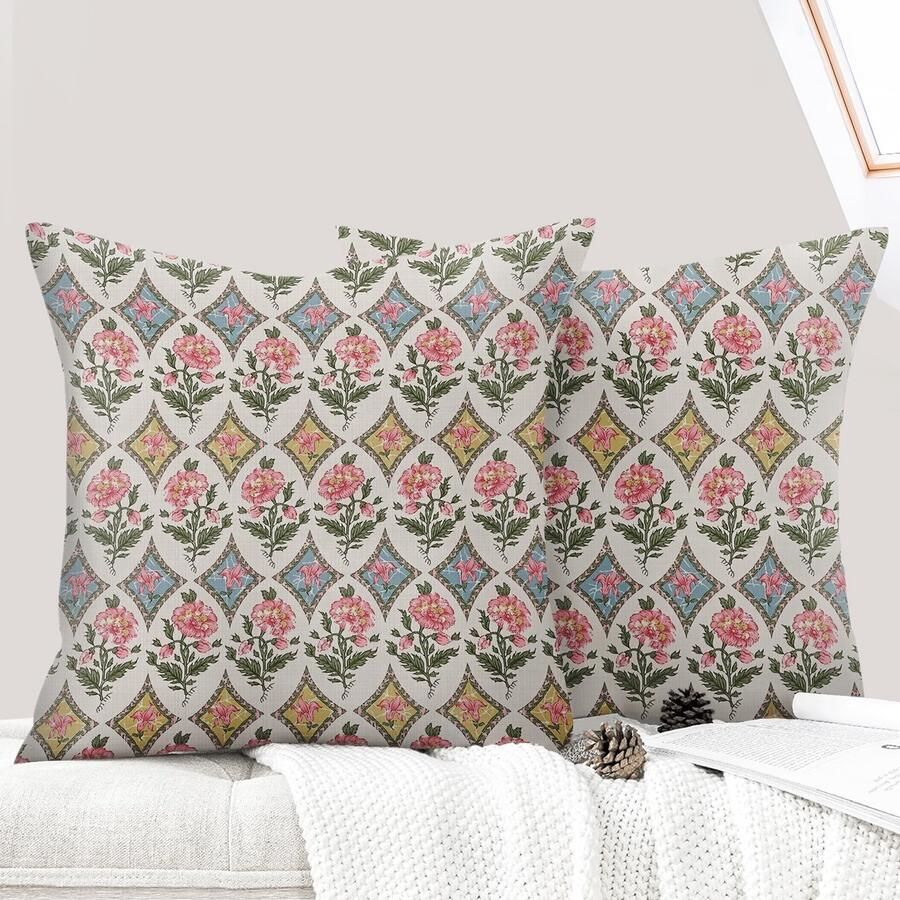 Ibenzoa Set van twee decoratieve kussenhoezen met bloemenprint voor bank en slaapkamer