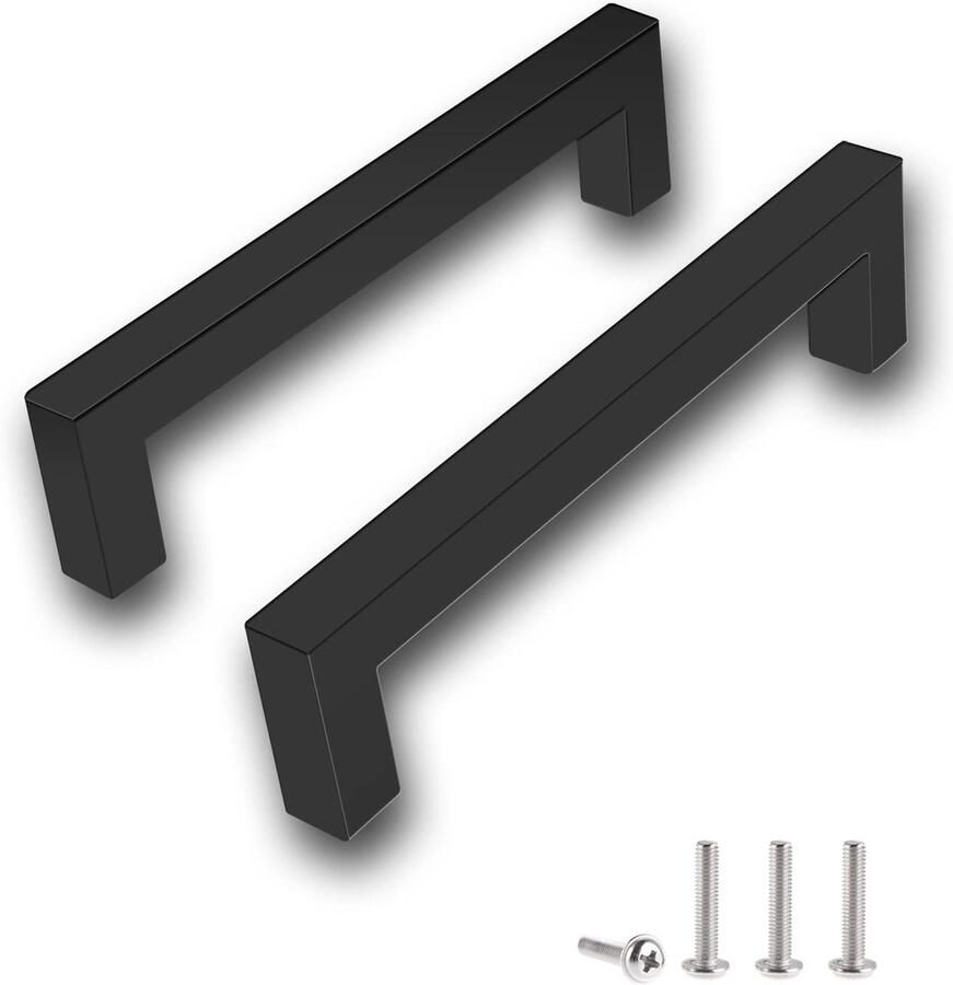 Ibenzoa Set van twee zwarte roestvrijstalen deurknoppen en meubelgrepen met schroeven voor keukenkastjes