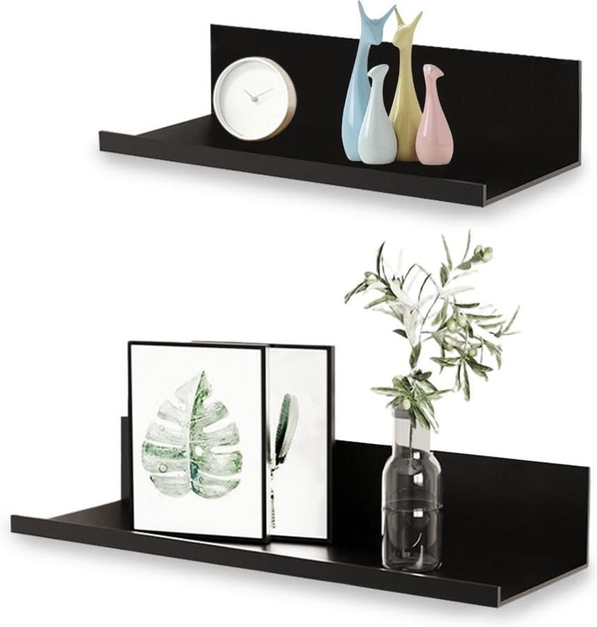 Ibenzoa Set van twee zwarte zwevende wandplanken zonder boren in aluminium