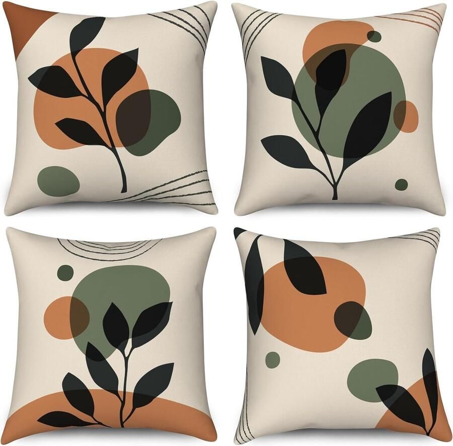 Ibenzoa Set van Vier Moderne Kussenhoezen met Abstracte Bladmotief Zwart Groen en Beige Geschikt voor Bank en Buiten