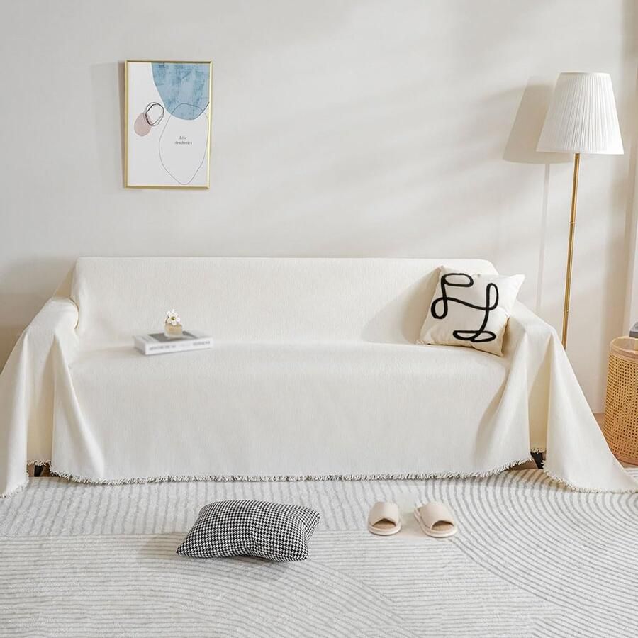 Ibenzoa Sfeervolle Chenille Sofa Overtrek met Kwastjes voor Meubels en Huisdierenbescherming Beige 180x150 cm