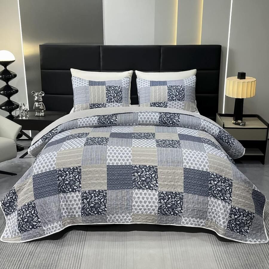Ibenzoa Sfeervolle Grijze Sprei Set van Microvezel met Patchwork Design voor Tweepersoonsbedden