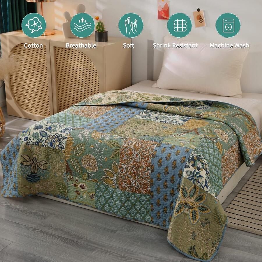 Ibenzoa Sfeervolle Patchwork Sprei van Katoen met Dubbelzijdig Design voor Eenpersoonsbedden