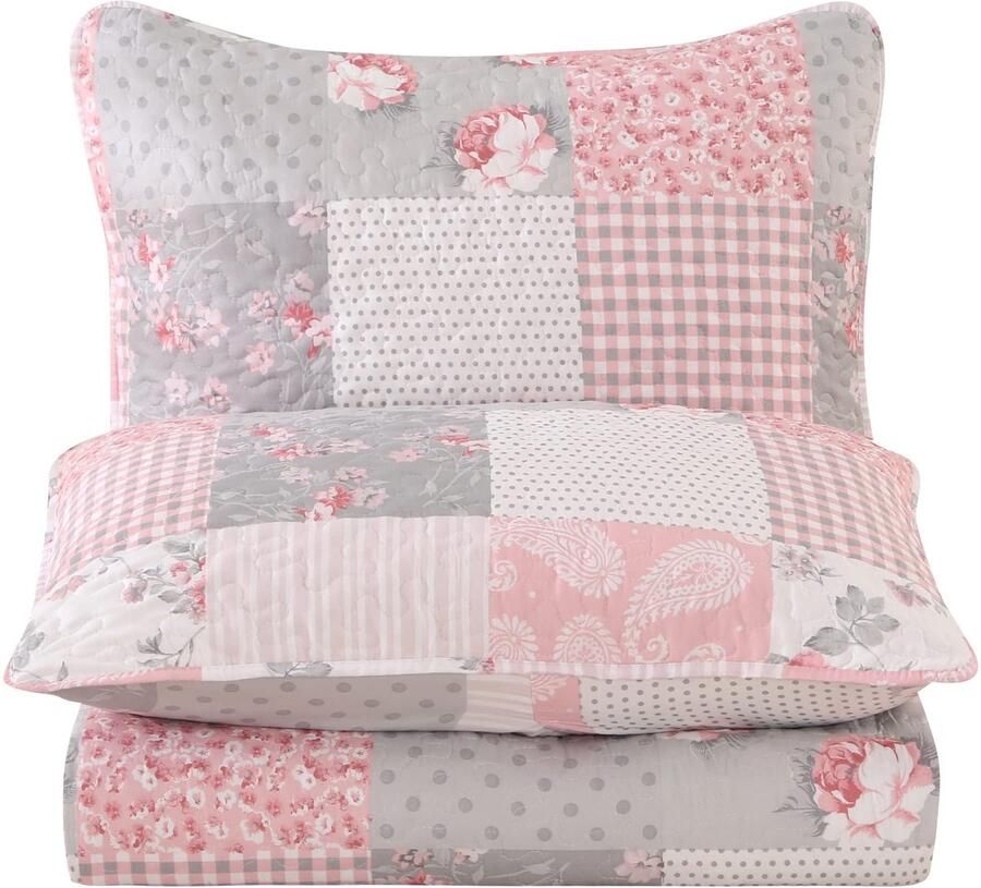 Ibenzoa Sfeervolle Roze Patchwork Sprei Set met Bloemenpatroon en Kussens voor Tweepersoonsbedden