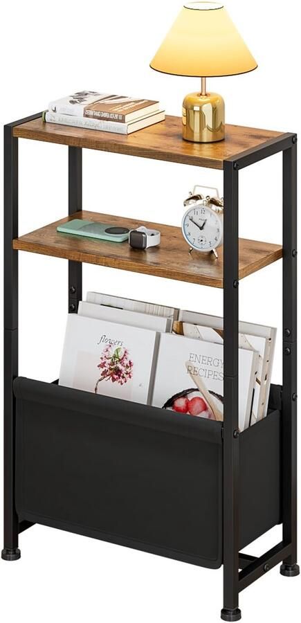 Ibenzoa Slanke bijzettafel met drie niveaus en stoffen opbergmand voor kleine ruimtes