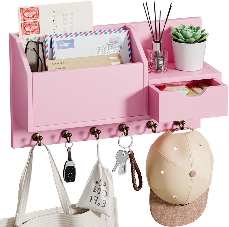 Ibenzoa Sleutelhouder met 6 haken en opberglade multifunctioneel wandrek voor entree en woonkamer