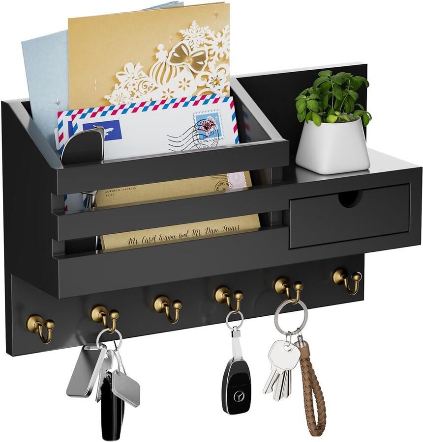 Ibenzoa Sleutelrek met 6 Haken en Opberglade voor Wanddecoratie in Huis en Kantoor