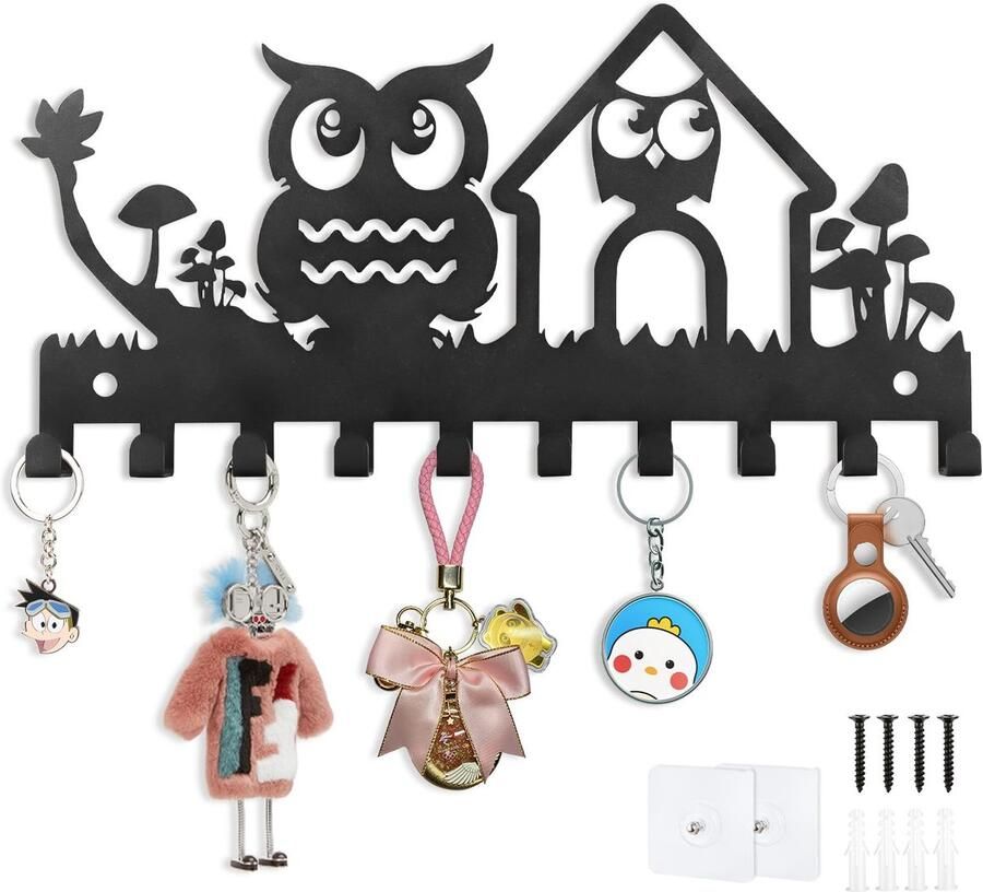 Ibenzoa Sleutelrek met Uil Design voor Muurmontage Metalen Sleutelhanger met 10 Haken voor Ruimtes