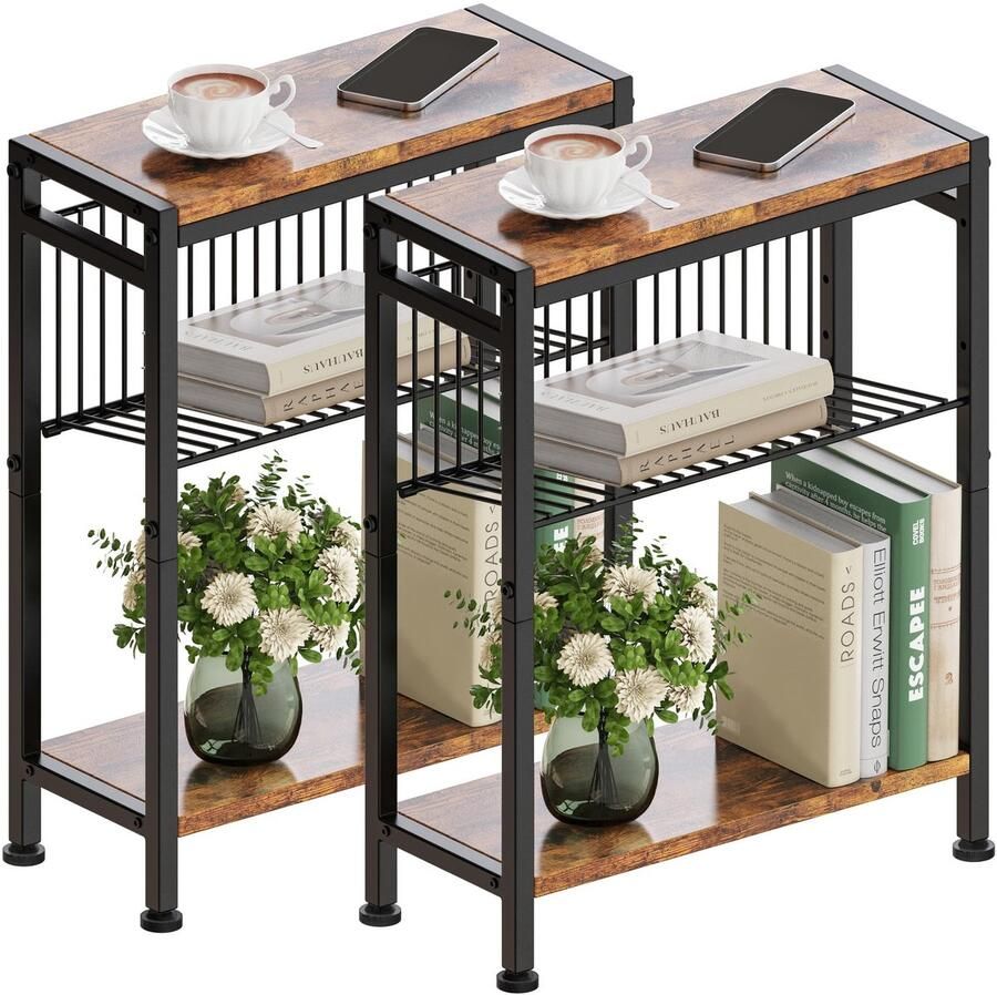 Ibenzoa Smalle Bijzettafel Set van 2 met 3 Lagen en Tijdschriftenhouder voor Ruimtes
