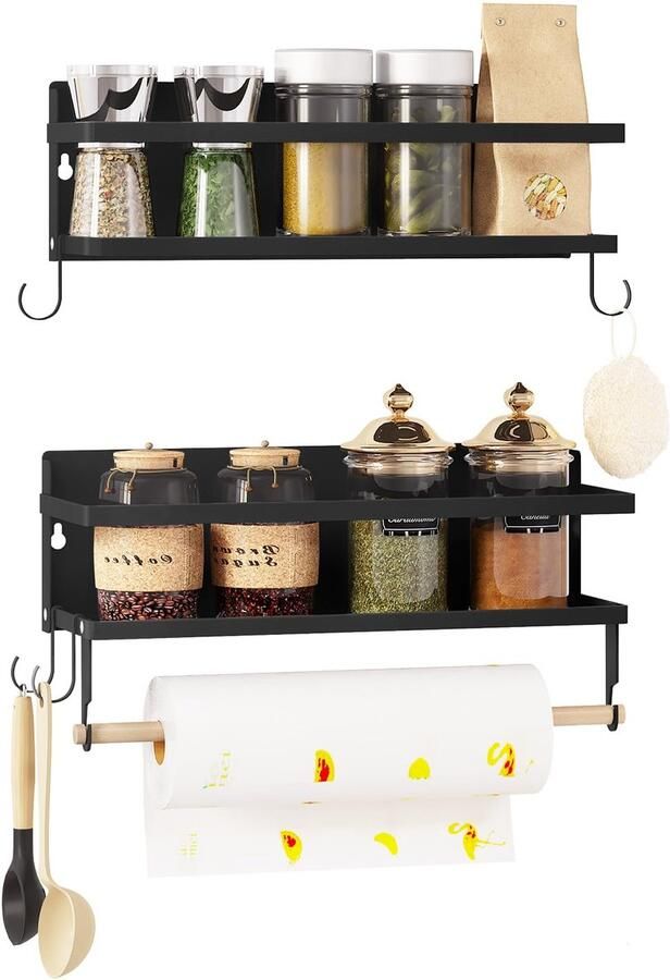 Ibenzoa Stijlvol en Functioneel Keuken- en Badkamer Wandrek met Hout en Metaal Set van Twee Stuks