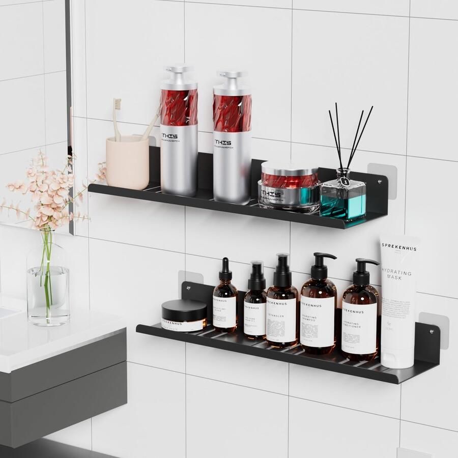 Ibenzoa Stijlvol en Praktisch Badkamerrek Zonder Boren Doucheplank Roestvrij Staal Zwart Set van 2 voor Douchebenodigdheden