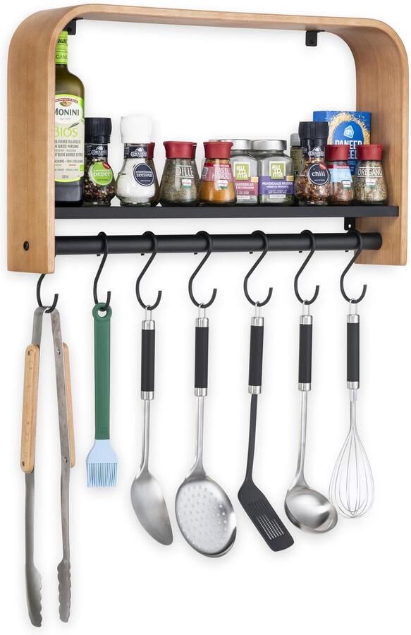 Ibenzoa Stijlvol en ruimtebesparend wandrek met haken voor de keuken van hout en metaal