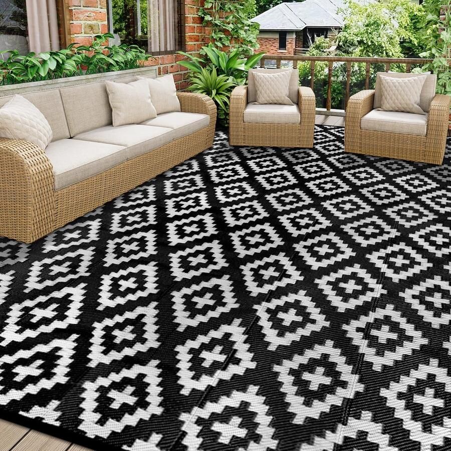Ibenzoa Stijlvol en Veelzijdig Omkeerbaar Buitentapijt voor Patio en Tuin UV-bestendig 270 x 365 cm Zwart
