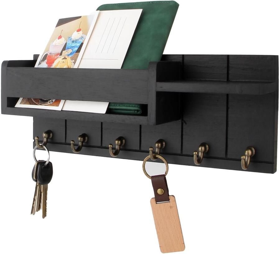 Ibenzoa Stijlvol Houten Sleutelrek met Opbergrek en 6 Haken voor Ruimtes