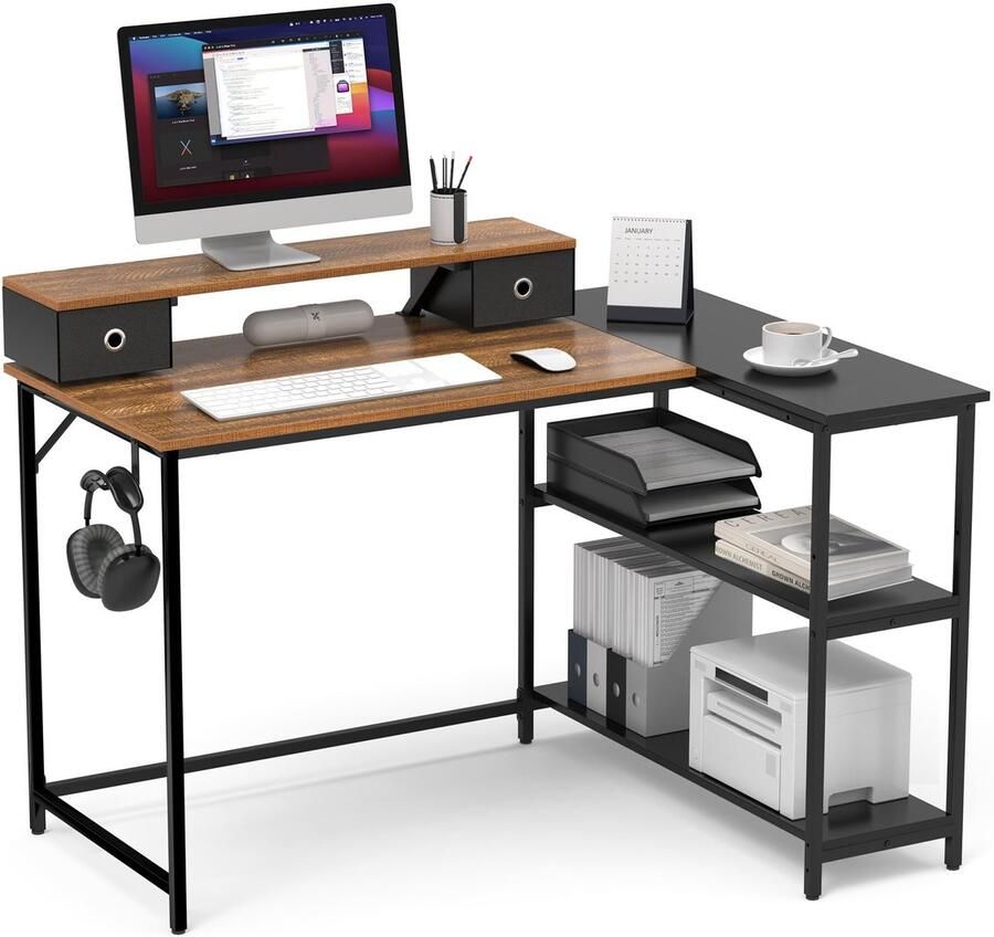 Ibenzoa Stijlvol L-vormig hoekbureau met flexibele planken en monitorstandaard