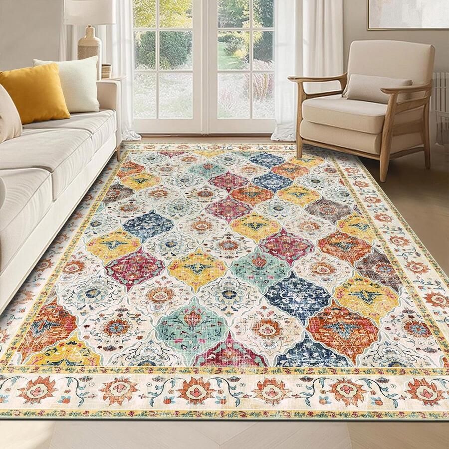 Ibenzoa Stijlvol Laagpolig Tapijt met Boho Ontwerp Antislip en Machinewasbaar 90 x 150 cm