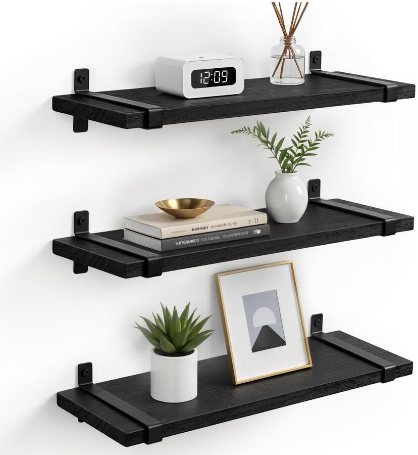 Ibenzoa Stijlvol Zwart Houten Wandrek met Zwevende Plank van 40 cm voor Elke Kamer