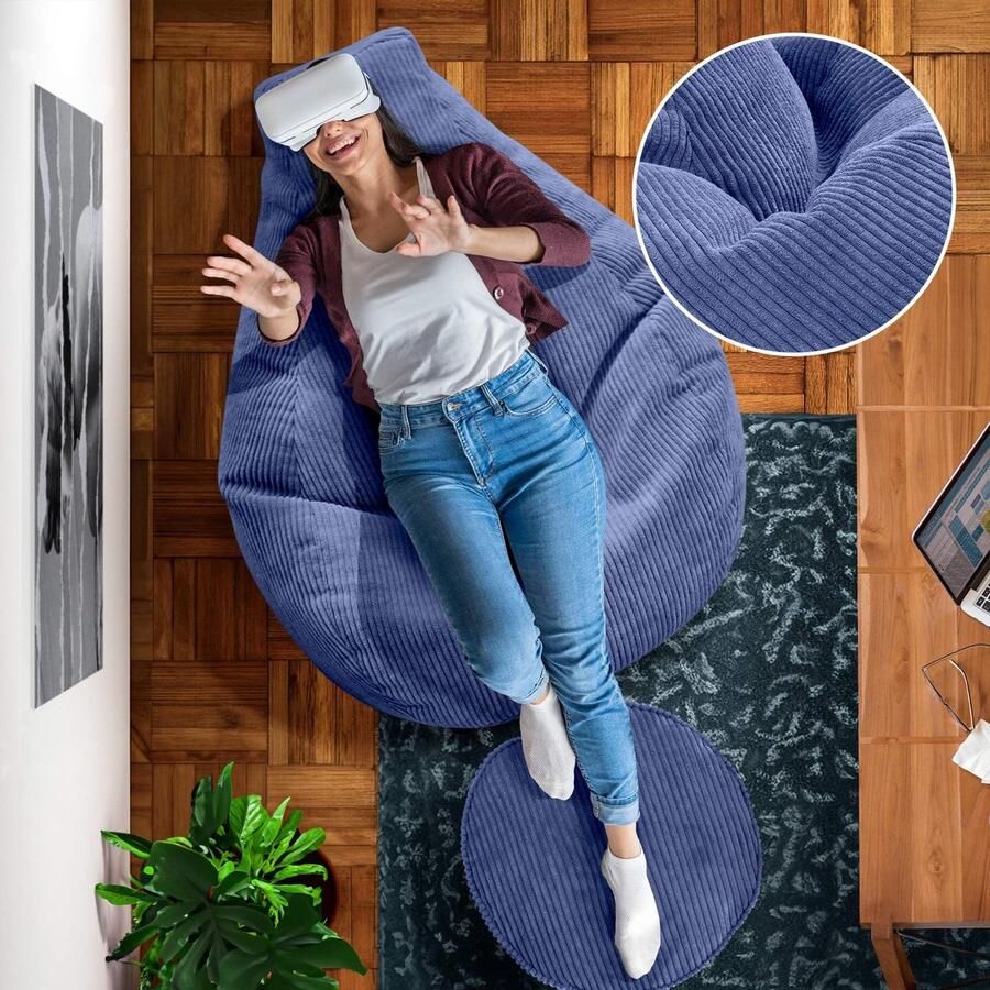 Ibenzoa Stijlvolle en Comfortabele Donkerblauwe Zitzak met Corduroy Kruk voor Woonkamer en Slaapkamer