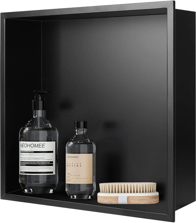 Ibenzoa Stijlvolle en Ruimtebesparende Wandnis Doucheplank van Roestvrij Staal met Zwarte Ingebouwde Opslag