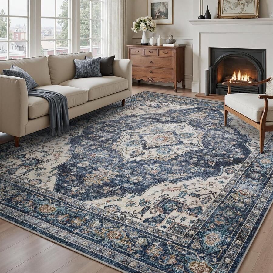 Ibenzoa Stijlvolle en Wasbare Vintage Vloerkleed voor Woonkamer en Slaapkamer 240x300cm Blauw