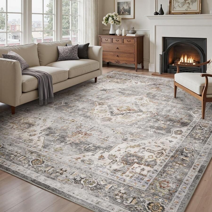 Ibenzoa Stijlvolle Grote Vintage Tapijt voor Woonkamer en Slaapkamer Wasbaar Rutschfest Grijs 240x300cm