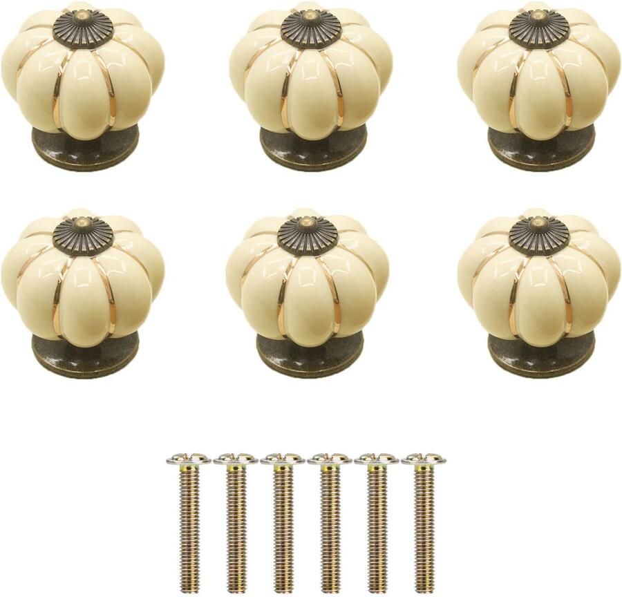 Ibenzoa Stijlvolle keramische pompoenvormige meubelknoppen voor kasten en lades vintage design in ivoorwit set van 6 stuks