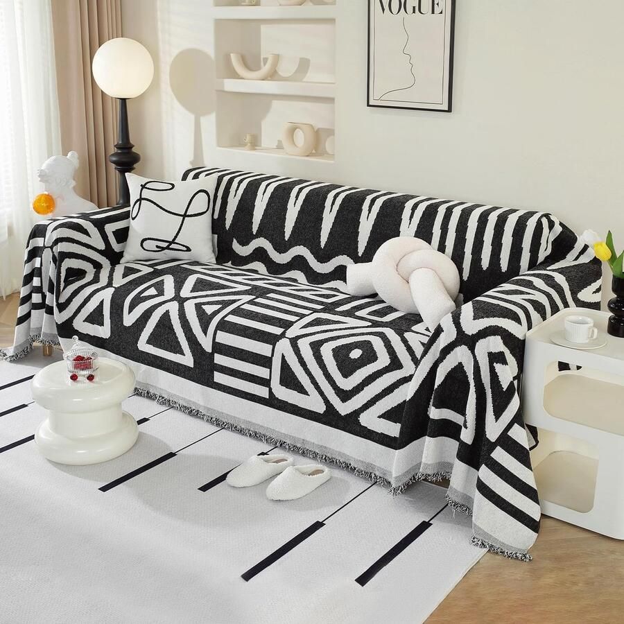 Ibenzoa Boho Stijlvolle Bankhoes met Decoratieve Kwastjes voor Verschillende Bankformaten Zwart 180 x 340 cm