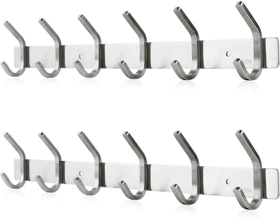 Ibenzoa Stijlvolle Roestvrij Stalen Wandhaaklijst voor Zware Jassen en Accessoires 6 Haken 2 Stuks