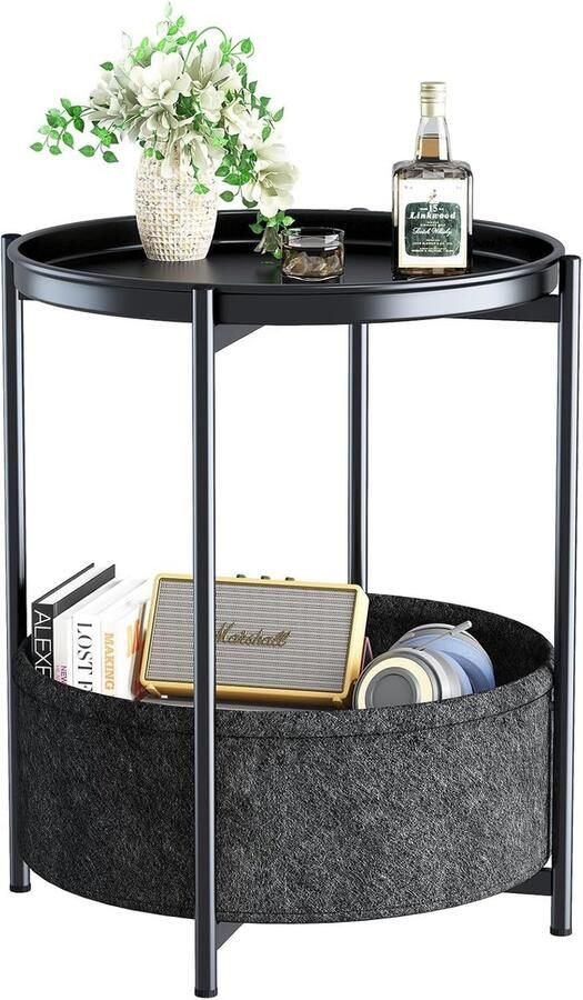 Ibenzoa Stijlvolle ronde bijzettafel met metalen frame en stoffen mand voor binnen en buiten gebruik