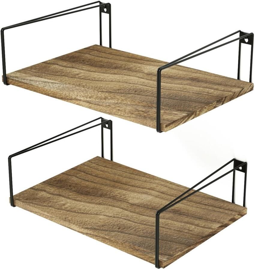 Ibenzoa Stijlvolle Set van 2 Wandplanken voor Kamers Zwart Hout en Metaal 42 x 31 x 12 cm