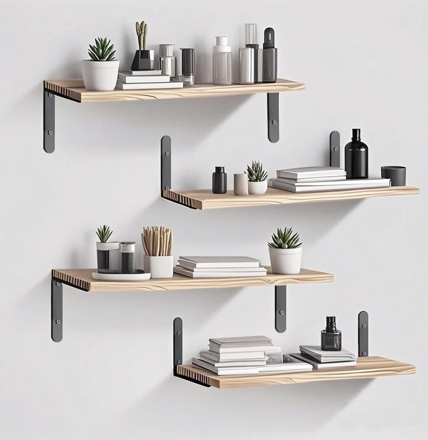 Ibenzoa Stijlvolle Set van 4 Houten Wandrekken met Metalen Hangers voor Elke Kamer