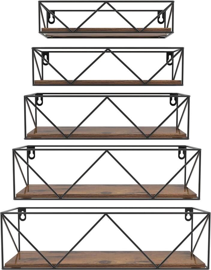 Ibenzoa Stijlvolle Set van 5 Zwevende Wandplanken met Metalen Staven en Houten Blad voor Ruimtes