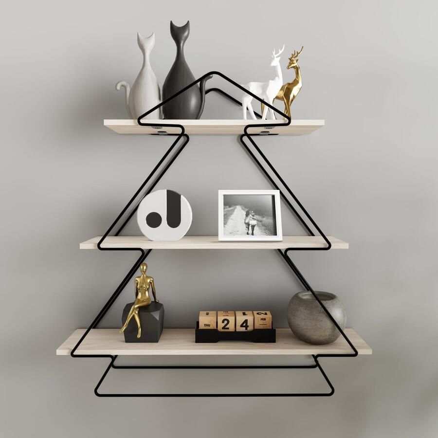 Ibenzoa Stijlvolle Zwevende Wandplank van Hout en Metaal met Drie Etages voor Ruimtes