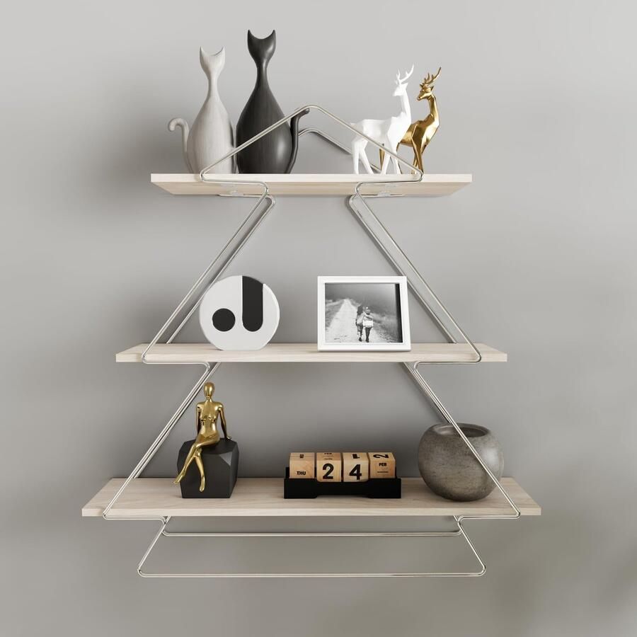 Ibenzoa Stijlvolle Zwevende Wandplank van Hout en Metaal met Drie Niveaus voor Multifunctioneel Gebruik