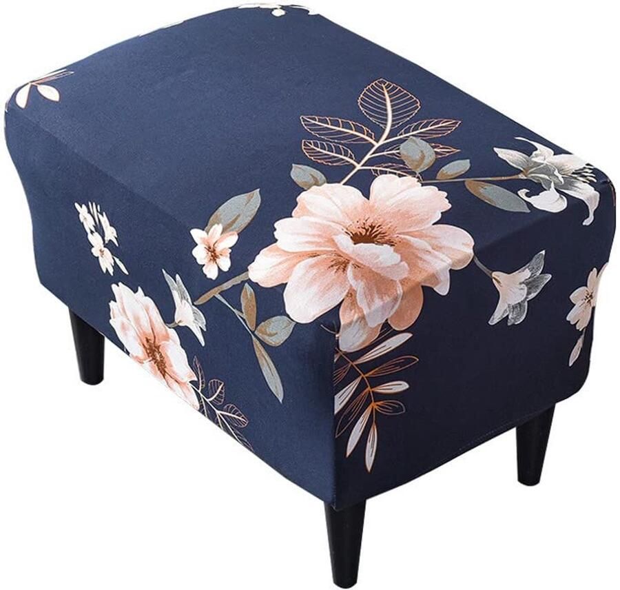 Ibenzoa Stretchbare Ottomaanse Hoes voor Rechthoekige Voetenbank met Bloemenmotief in Blauw