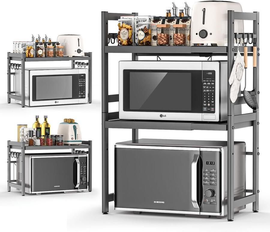 Ibenzoa Uitbreidbaar Magnetronrek van Koolstofstaal met 8 Haken Multifunctionele Keuken Organizer