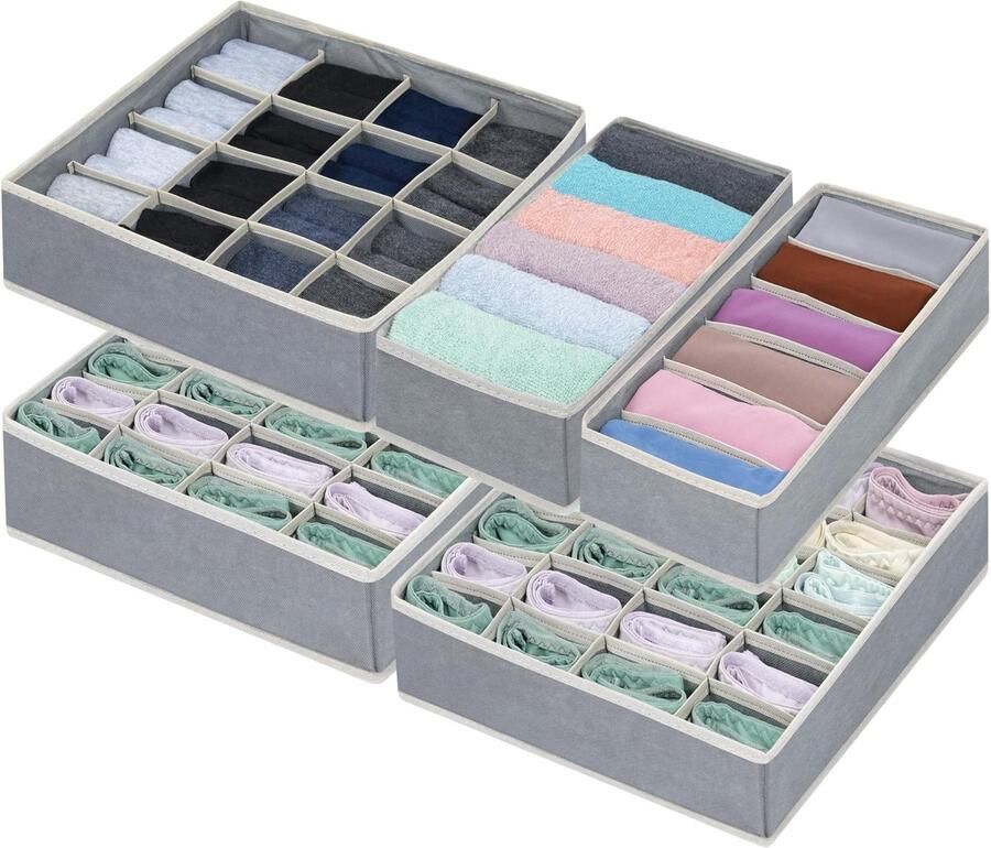 Ibenzoa Uitgebreide Grijze Lade-Organizer Set met Veelzijdige Opbergvakken voor Accessoires en Kledingstukken 5 Stuks